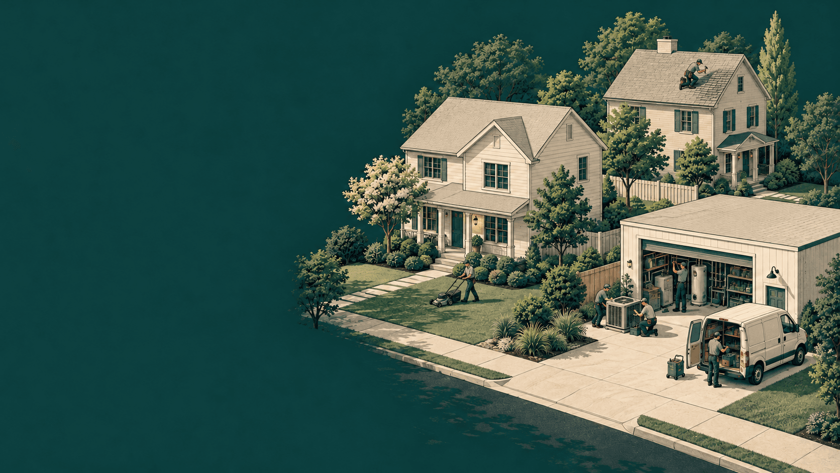 A neighborhood of local service professionals caring for homes, from plumbing to roofing and gardening